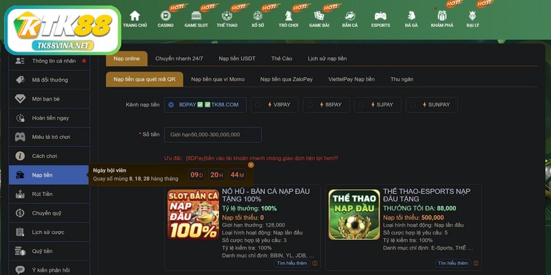Dễ dàng thực hiện nạp/rút tiền ngay trên website hoặc ứng dụng di động của TK88